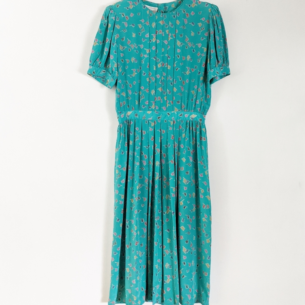 VTG 80s SILK STUDIO Silk Aqua Green Zigzag Dress